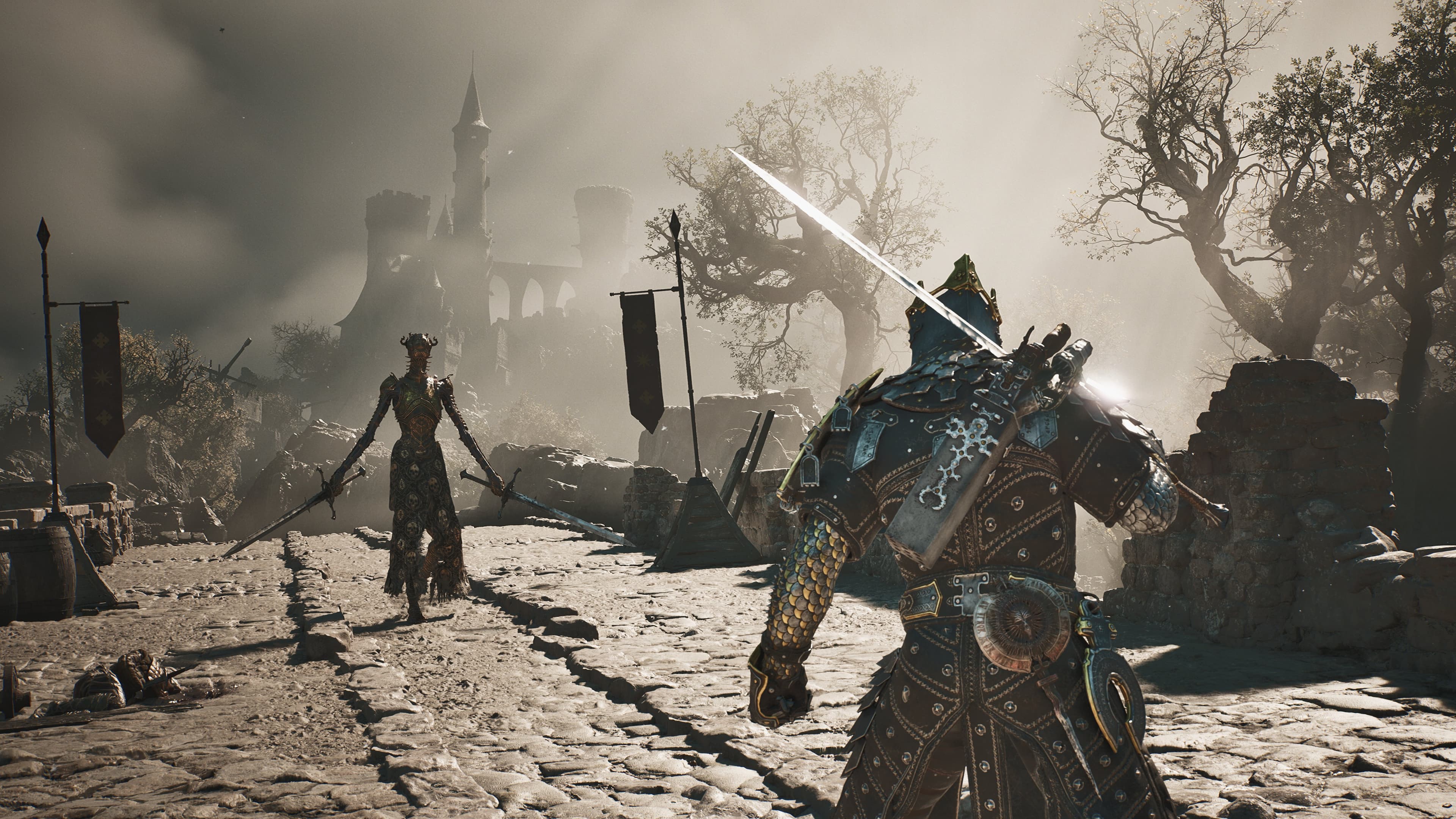 Mortal Shell II combat in ruined streets near a fortress