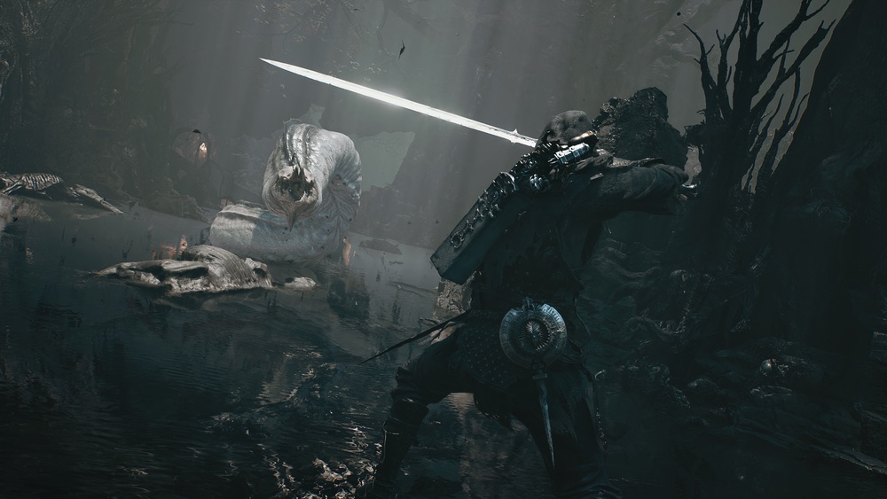 Official Mortal Shell II combat screenshot showing a sword fight in a ruined settlement.